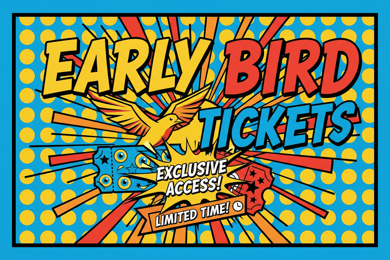 in a POP style we need an image that is applicable for tickets of type EARLY BIRD. This is a PACKAGE for early bird tickets. The size should be 1248 × 832 also please make a small border arround the image maybe 26 pixels similar to what you can see here https://fullstackconf.myshopify.com/cdn/shop/files/in-a-pop-style-we-need-an-image-that-is-applicable-for-regular-tickets-this-is-a-package-product-for-tickets.png?v=1764073611&width=990